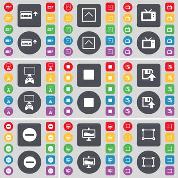 Cassette, Arrow up, Retro TV, Game console, Media stop, Floppy, Minus, Graph, Frame icon symbol. A large set of flat, colored buttons for your design. illustration