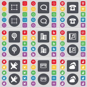 Frame, Chat bubble, Retro phone, Lollipop, Building, Music window, Fork and knife, Credit card, Cloud icon symbol. A large set of flat, colored buttons for your design. illustration