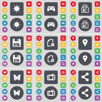 Light, Gamepad, Packing, Floppy, File, Checkpoint, Butterfly, Camera, Share icon symbol. A large set of flat, colored buttons for your design. illustration
