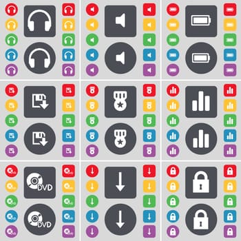 Headphones, Sound, Battery, Floppy, Medal, Diagram, DVD, Arrow down, Lock icon symbol. A large set of flat, colored buttons for your design. illustration