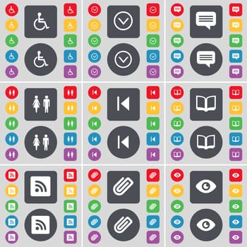 Disabled person, Arrow down, Chat bubble, Silhouette, Media skip, Book, RSS, Clip, Vision icon symbol. A large set of flat, colored buttons for your design. illustration