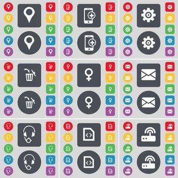 Checkpoint, Smartphone, Gear, Trash can, Venus symbol, Message, Headphones, File, Router icon symbol. A large set of flat, colored buttons for your design. illustration