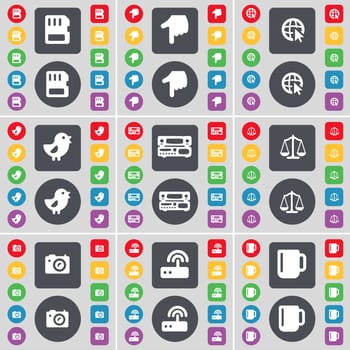 SIM card, Hand, Web cursor, Bird, Record-player, Scales, Camera, Router, Cup icon symbol. A large set of flat, colored buttons for your design. illustration