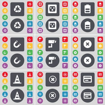 Recycling, Socket, Battery, Magnet, CCTV, Stop, Cone, Stop, Credit card icon symbol. A large set of flat, colored buttons for your design. illustration