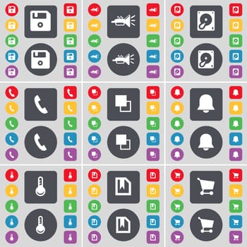 Floppy, Trumped, Hard drive, Receiver, Copy, Notification, Thermometer, File, Shopping cart icon symbol. A large set of flat, colored buttons for your design. illustration