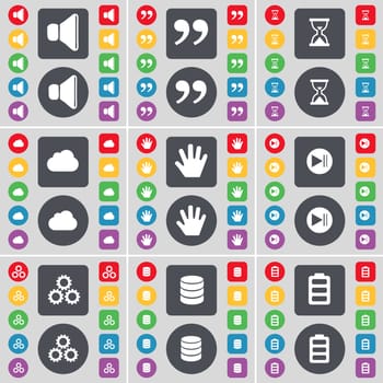 Sound, Quotation mark, Hourglass, Cloud, Hand, Media skip, Gear, Database, Battery icon symbol. A large set of flat, colored buttons for your design. illustration