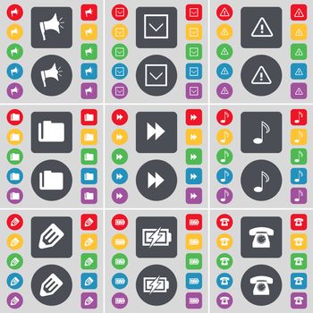 Megaphone, Arrow down, Warning, Folder, Rewind, Note, Pencil, Charging, Retro phone icon symbol. A large set of flat, colored buttons for your design. illustration