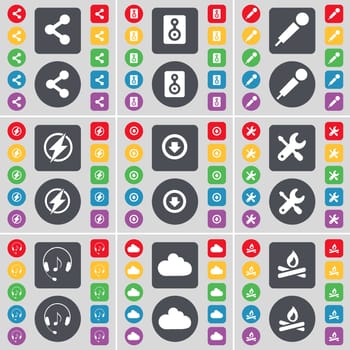 Share, Speaker, Microphone, Flash, Arrow down, Wrench, Headphones, Cloud, Campfire icon symbol. A large set of flat, colored buttons for your design. illustration