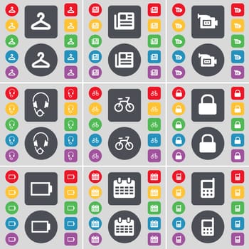 Hanger, Network, Film camera, Headphones, Bicycle, Lock, Battery, Calendar, Mobile phone icon symbol. A large set of flat, colored buttons for your design. illustration