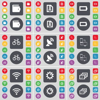 Wallet, ZIP card, Battery, Bicycle, Satellite dish, Connection, Wi-Fi, Gear, Gallery icon symbol. A large set of flat, colored buttons for your design. illustration