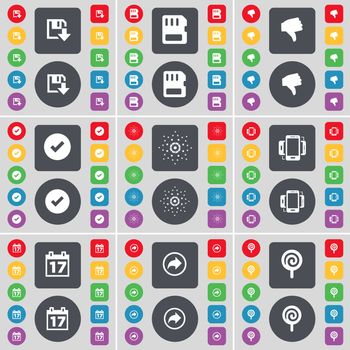 Floppy, SIM card, Dislike, Tick, Star, Smartphone, Calendar, Back, Lollipop icon symbol. A large set of flat, colored buttons for your design. illustration