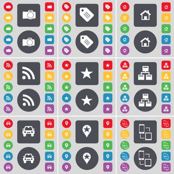 Camera, Tag, House, RSS, Star, Network, Car, Checkpoint, Connection icon symbol. A large set of flat, colored buttons for your design. illustration