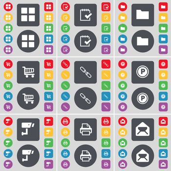 Apps, Survey, Folder, Shopping cart, Link, Parking, CCTV, Printer, Message icon symbol. A large set of flat, colored buttons for your design. illustration