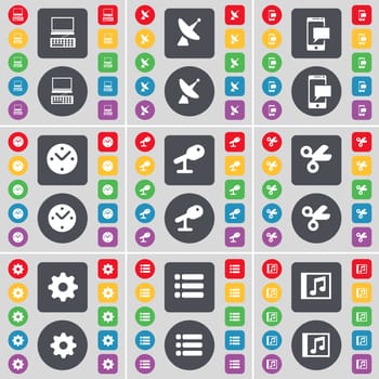 Laptop, Satellite dish, SMS, Clock, Microphone, Scissors, Gear, List, Music window icon symbol. A large set of flat, colored buttons for your design. illustration