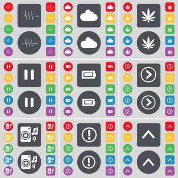 Pulse, Cloud, Marijuana, Pause, Battery, Arrow right, Speaker, Warning, Arrow up icon symbol. A large set of flat, colored buttons for your design. illustration
