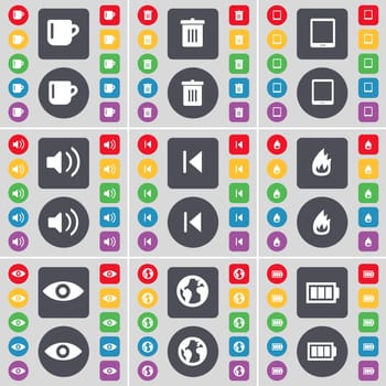 Cup, Trash can, Tablet PC, Sound, Media skip, Fire, Vision, Earth, Battery icon symbol. A large set of flat, colored buttons for your design. illustration