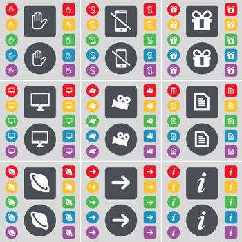 Hand, Smartphone, Gift, Monitor, Film camera, Text file, Planet, Arrow right, Information icon symbol. A large set of flat, colored buttons for your design. illustration