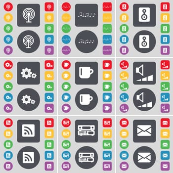 Wi-Fi, Note, Speaker, Gear, Cup, Volume, RSS, Record-player, Message icon symbol. A large set of flat, colored buttons for your design. illustration