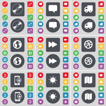 Disk, Chat bubble, Truck, Earth, Rewind, Ball, Smartphone, Light, Map icon symbol. A large set of flat, colored buttons for your design. illustration