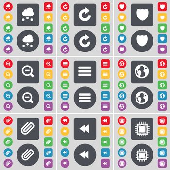Cloud, Reload, Badge, Magnifying glass, Apps, Earth, Clip, Rewind, Processor icon symbol. A large set of flat, colored buttons for your design. illustration