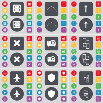 Bed-table, Stars, Arrow up, Stop, Projector, Connection, Airplane, Badge icon symbol. A large set of flat, colored buttons for your design. illustration