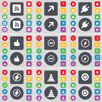 RSS, Full screen, Socket, Like, Minus, Flash, Cone, Power icon symbol. A large set of flat, colored buttons for your design. illustration