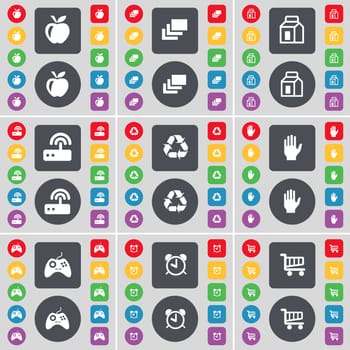 Apple, Gallery, Packing, Router, Recycling, Hand, Gamepad, Alarm clock, Shopping cart icon symbol. A large set of flat, colored buttons for your design. illustration