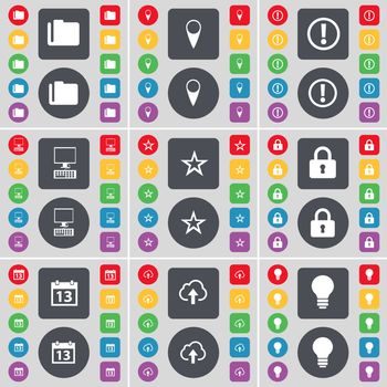 Folder, Checkpoint, Warning, PC, Star, Lock, Calendar, Cloud, Light bulb icon symbol. A large set of flat, colored buttons for your design. illustration