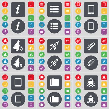 Information, List, Tablet PC, Bell, Rocket, Clip, Tablet PC, Folder, Ship icon symbol. A large set of flat, colored buttons for your design. illustration