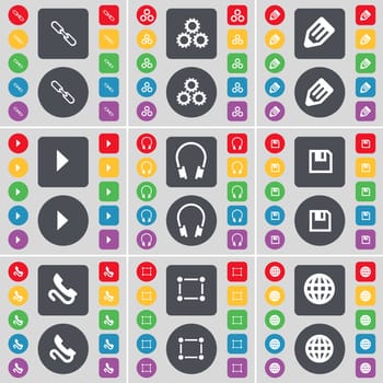 Link, Gear, Pencil, Media play, Headphones, Floppy, Receiver, Frame, Globe icon symbol. A large set of flat, colored buttons for your design. illustration