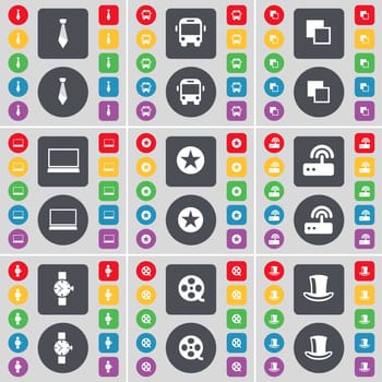 Tie, Bus, Copy, Laptop, Star, Router, Wrist watch, Videotape, Silk hat icon symbol. A large set of flat, colored buttons for your design. illustration