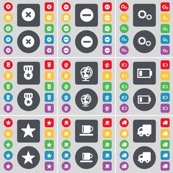 Stop, Minus, Gear, Medal, Globe, Battery, Star, Cup, Truck icon symbol. A large set of flat, colored buttons for your design. illustration