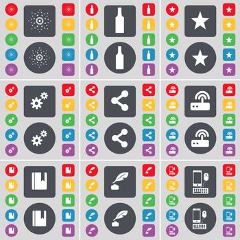 Star, Bottle, Star, Gear, Share, Router, Dictionary, Ink pot, Smartphone icon symbol. A large set of flat, colored buttons for your design. illustration
