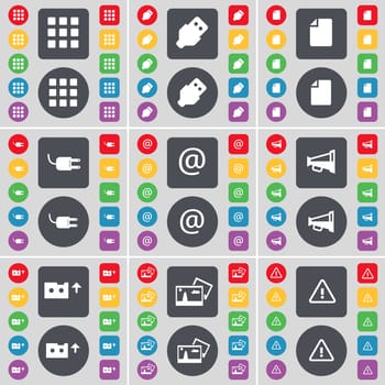Apps, USB, File, Socket, Mail, Megaphone, Cassette, Picture, Warning icon symbol. A large set of flat, colored buttons for your design. illustration