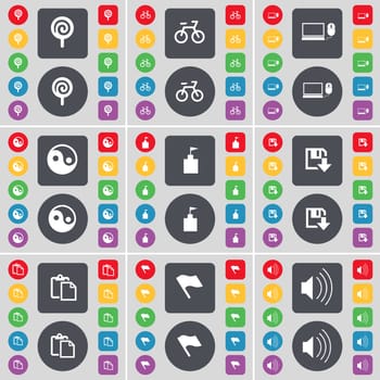 Lollipop, Bicycle, Laptop, Yin-Yang, Flag tower, Floppy, Survey, Flag, Sound icon symbol. A large set of flat, colored buttons for your design. illustration