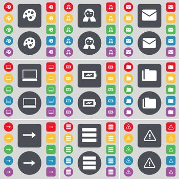 Palette, Avatar, Message, Laptop, Charging, Folder, Arrow right, Apps, Warning icon symbol. A large set of flat, colored buttons for your design. illustration