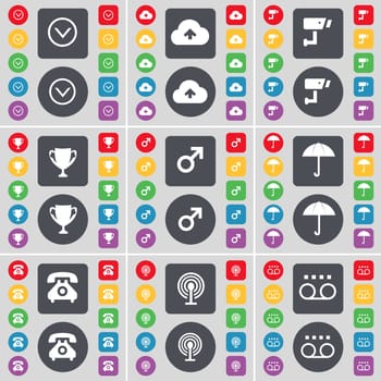 Arrow down, Cloud, CCTV, Cup, Mars symbol, Umbrella, Retro phone, Wi-Fi, Cassette icon symbol. A large set of flat, colored buttons for your design. illustration