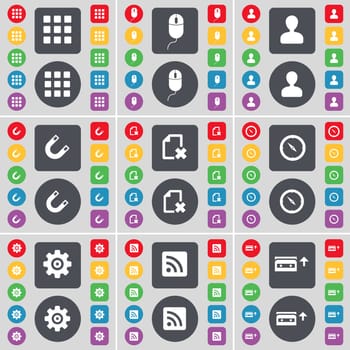 Apps, Mouse, Avatar, Magnet, File, Compass, Gear, RSS, Cassette icon symbol. A large set of flat, colored buttons for your design. illustration
