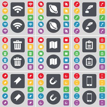 Wi-Fi, Planet, Ink pot, Trash can, Map, Survey, Marker, Magnet, Smartphone icon symbol. A large set of flat, colored buttons for your design. illustration
