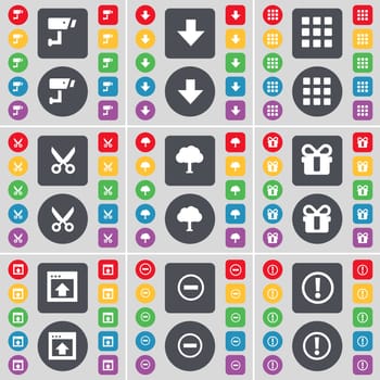 CCTV, Arrow down, Apps, Scissors, Tree, Gift, Window, Minus, Warning icon symbol. A large set of flat, colored buttons for your design. illustration