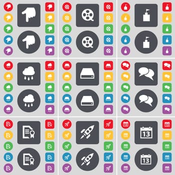 Hand, Videotape, Flag tower, Cloud, Hard drive, Chat, Text file, Rocket, Calendar icon symbol. A large set of flat, colored buttons for your design. illustration