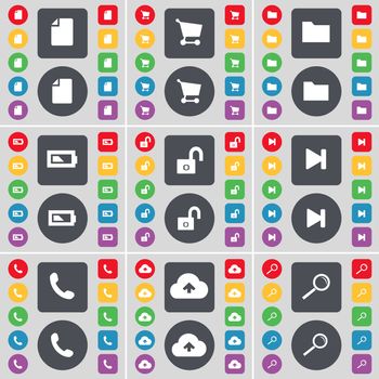 File, Shopping cart, Folder, Battery, Lock, Media skip, Receiver, Cloud, Magnifying glass icon symbol. A large set of flat, colored buttons for your design. illustration