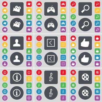 Film camera, Gamepad, Magnifying glass, Avatar, Arrow left, Like, Information, Clef, Videotape icon symbol. A large set of flat, colored buttons for your design. illustration