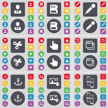 Avatar, SIM card, Microphone, Scissors, Hand, Window, Anchor, Picture, Connection icon symbol. A large set of flat, colored buttons for your design. illustration