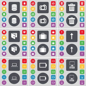 Database, Camera, Trash can, Wallet, Suitcase, Arrow up, Laptop, Battery, PC icon symbol. A large set of flat, colored buttons for your design. illustration