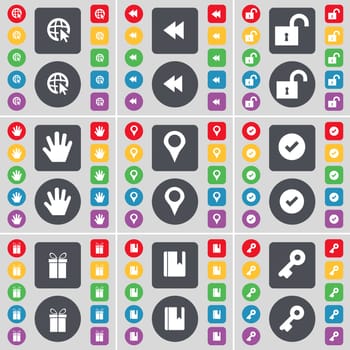 Web cursor, Rewind, Lock, Hand, Checkpoint, Tick, Gift, Dictionary, Key icon symbol. A large set of flat, colored buttons for your design. illustration