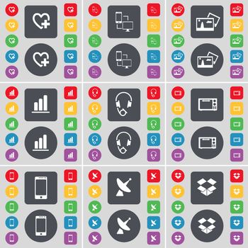Heart, Connection, Picture, Diagram, Headphones, Microwave, Smartphone, Satellite dish, Dropbox icon symbol. A large set of flat, colored buttons for your design. illustration