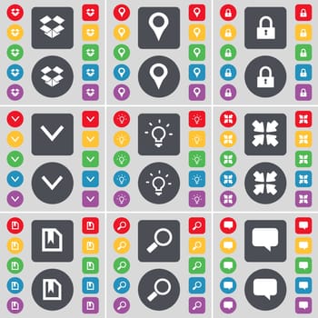 Dropbox, Checkpoint, Lock, Arrow down, Light bulb, Deploying screen, File, Magnifying glass, Chat bubble icon symbol. A large set of flat, colored buttons for your design. illustration