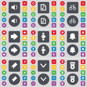 Sound, Music file, Bicycle, Arrow right, Wrist watch, Notification, Marker, Arrow down, Medal icon symbol. A large set of flat, colored buttons for your design. illustration