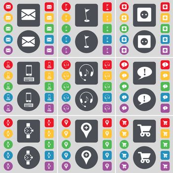 Message, Golf hole, Socket, Smartphone, Headphones, Chat bubble, Wrist watch, Checkpoint, Shopping cart icon symbol. A large set of flat, colored buttons for your design. illustration